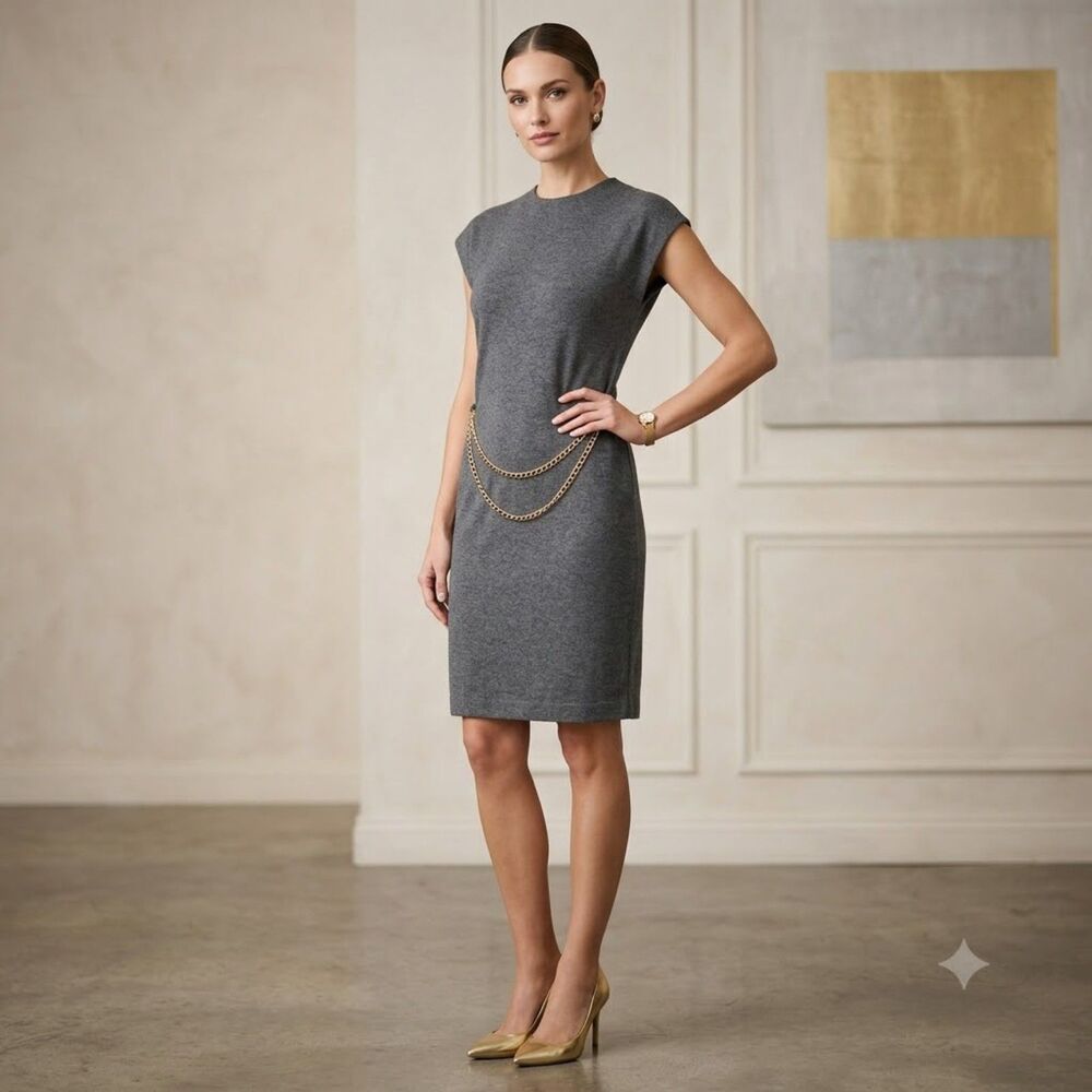 Vintage Jessica Howard Gray Knit Sheath Dress Gold Chain Accent Size 6